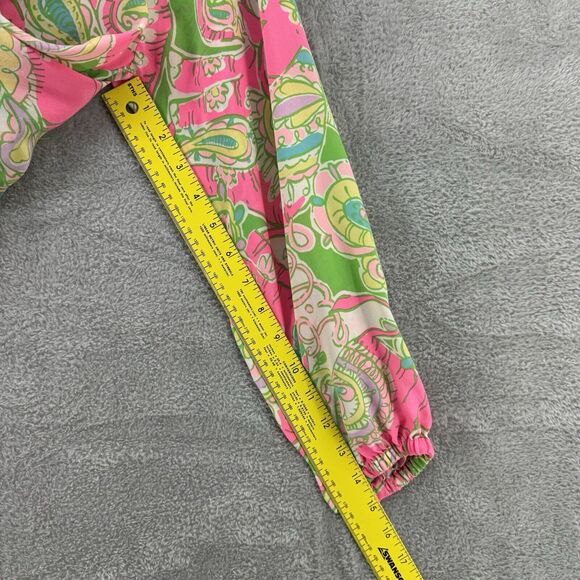 Lilly Pulitzer Top XS Silk Elsa Chin Chin Elephant Pink Ballon Sleeve V-Neck - Picture 13 of 16